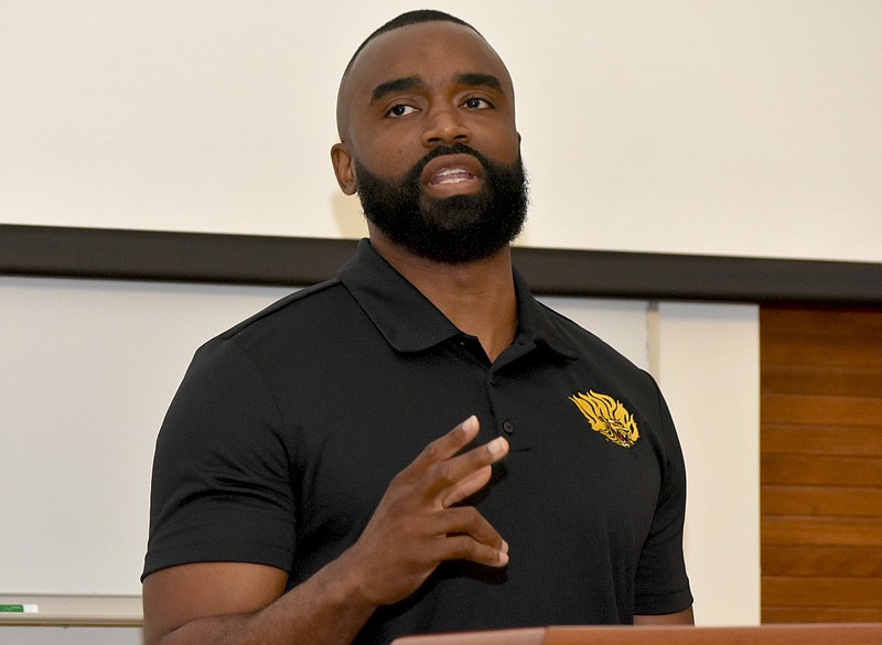 UAPB men's basketball coach Solomon Bozeman gives an update on his team during a State of the Athletic Department meeting on campus Saturday. (Pine Bluff Commercial/I.C. Murrell)