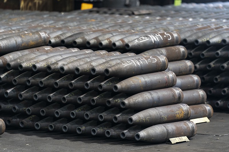 155 mm M795 artillery projectiles are stacked during manufacturing process at the Scranton Army Ammunition Plant in Scranton, Pa., Thursday, April 13, 2023. One of the most important munitions of the Ukraine war comes from a historic factory in this city built by coal barons, where tons of steel rods are brought in by train to be forged into the artillery shells Kyiv cant get enough of — and that the U.S. cant produce fast enough. (AP Photo/Matt Rourke)
