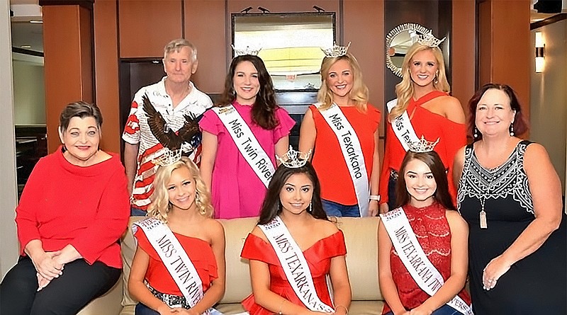 Donna Berry, front row left, and her husband, Mike Berry, back row left are residents of Cornerstone Retirement Community after more than 40 years working with the Miss Texarkana and Miss Texas pageants. Also pictured are, front row from left, Hollan Palmore, Shelby Ross, Madeleine Grace Smith and Shawn Edmonds; back row from left, Madi Franquiz, Courtnee Gilchrist and Izzy Baughn. (Submitted photo)