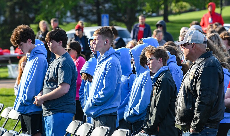 Julie Smith/News Tribune photo: 
Students from St. Theodore Catholic School in Wentzville, Missouri, stand on the state Capitol's south lawn as they recite the Rosary Wednesday morning, April 26, 2023, as activities for the Midwest March for Life got underway.