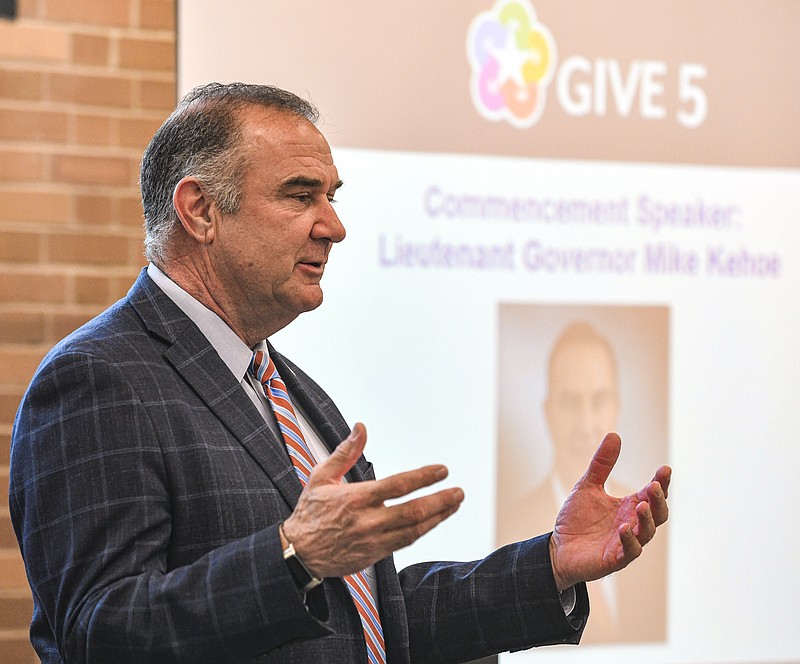 Julie Smith/News Tribune photo:  
Missouri Lt. Gov. Mike Kehoe was the keynote speaker at the inaugural Give 5 program graduation Wednesday, April 26, 2023, at Catholic Charities. Kehoe is an active supporter of the United Way of Central Missouri for many years and has been on board with this program since first seeing it in Springfield. Kehoe strongly encourages anyone to share their spare time with a United Way partner agency.