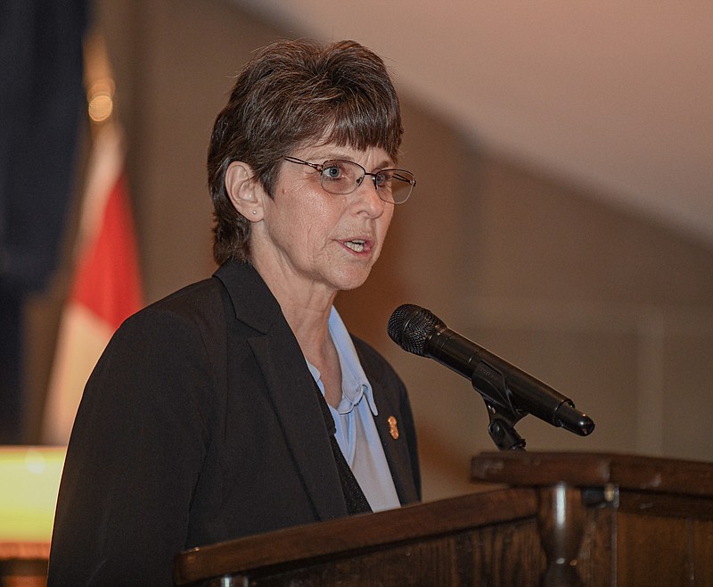 Julie Smith/News Tribune photo: 
Missouri Department of Public Safety Director Sandy Karsten speaks on Thursday, April 27, 2023, before the crowd in the Capitol Rotunda who had gathered for Crime Victims Rights observation day in the statehouse.
