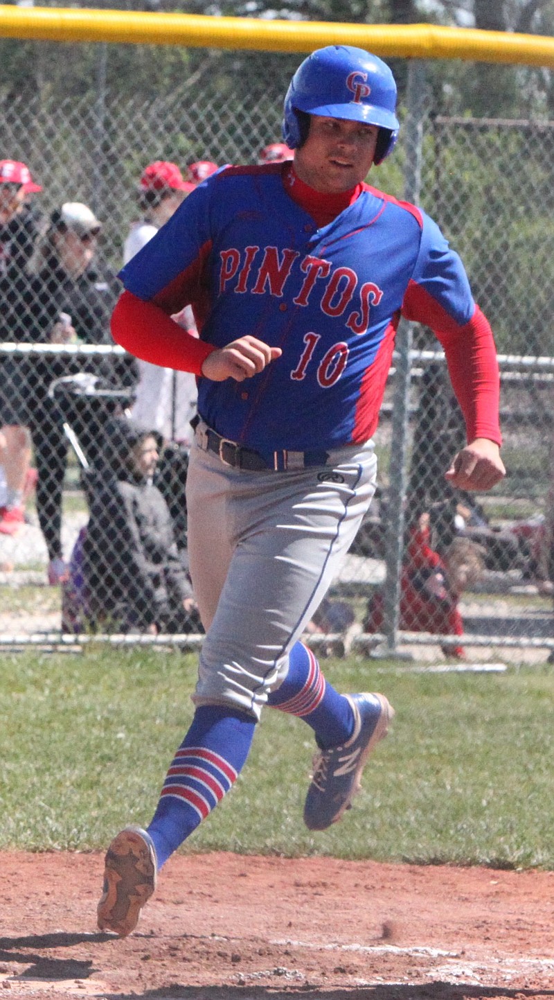 California first baseman Hunter Berendzen crosses home plate to give California a 1-0 lead over Centralia. California beat Centralia 5-3 in game one of their doubleheader on Saturday. (Democrat photo/Evan Holmes)