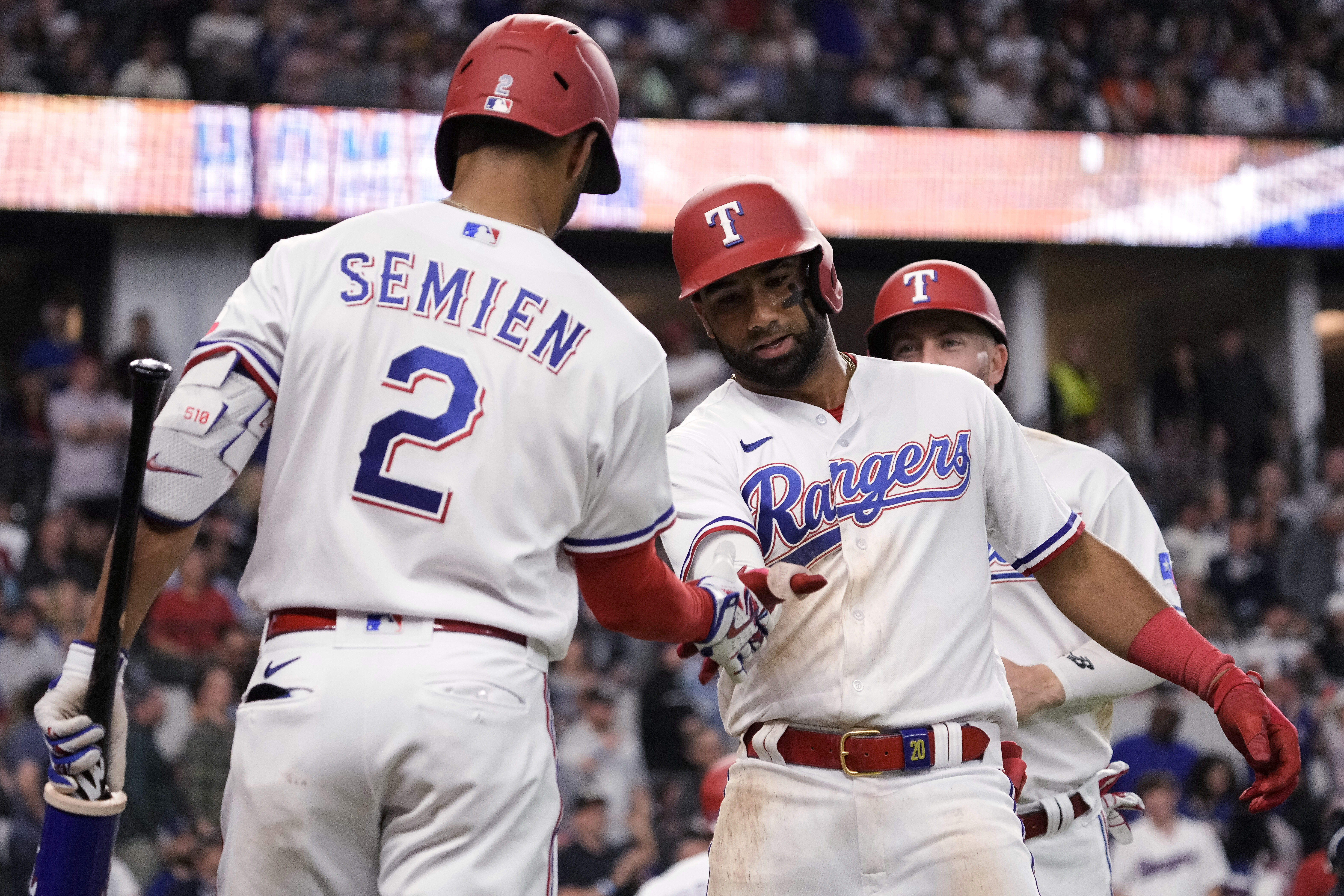 Texas Rangers' Ezequiel Duran flips his bat after hitting a two-run home  run during the fifth inning of the team's baseball game against the New  York Yankees, Saturday, April 29, 2023, in