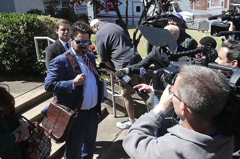 Clint Lancaster, attorney for Lunden Roberts, speaks to the media outside the Independence County Courthouse in Batesville on Monday, May 1, 2023. 
(Arkansas Democrat-Gazette/Thomas Metthe)