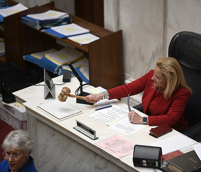 Lieutenant Governor Leslie Rutledge bangs the gavel marking the end of regular session for the Arkansas Senate at the State Capitol on Monday, May 1, 2023. 

(Arkansas Democrat-Gazette/Stephen Swofford)