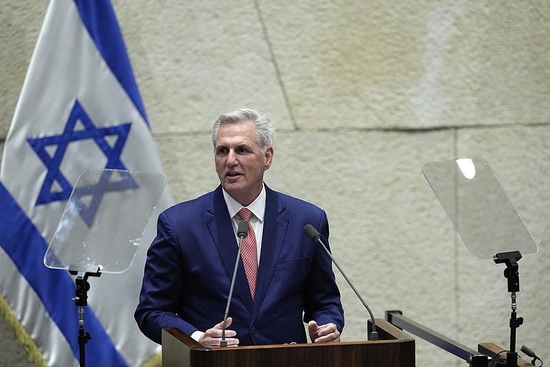 U.S. Speaker of the House Kevin McCarthy addresses lawmakers during a session of the Knesset, Israel's parliament, in Jerusalem, Monday, May 1, 2023. (AP Photo/Ohad Zwigenberg)
