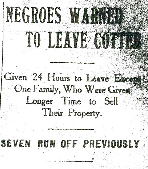 A newspaper article (from the Arkansas Gazette; Aug. 25, 1906)  illustrates the genesis of Cotter (Baxter County) as a sundown town.
(Courtesy of Guy Lancaster)