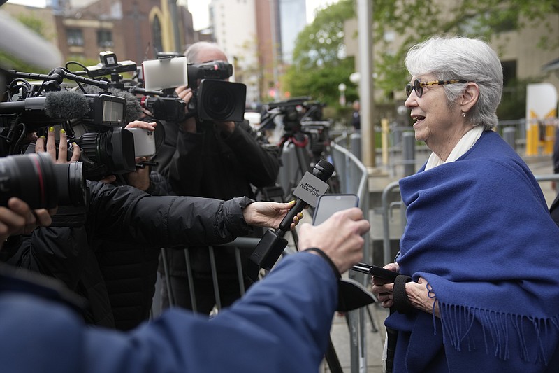 Jessica Leeds talks to reporters as she leaves the federal courthouse after testifying in writer E. Jean Carroll's lawsuit against Donald Trump in New York, Tuesday, May 2, 2023. (AP Photo/Seth Wenig)