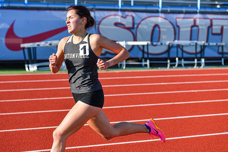 Bentonville's Madison Galindo wins the girls 1,600-meter run, Friday, April 21, 2023, at the 2023 Fort Smith McDonaldâ€™s Relays at Jim Rowland Stadium in Fort Smith. She will run that event again during the Class 6A state meet and probably other events today at Fort Smith.
Visit nwaonline.com/photo for today's photo gallery.
(River Valley Democrat-Gazette/Hank Layton)