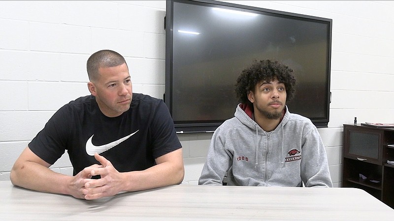 Cutter Morning Star head basketball coach Beau Brickell, left, and senior KJ McDaniel speak about McDaniel's invitation to the All-Star game Tuesday. - Photo by Lance Porter of The Sentinel-Record