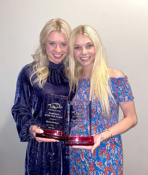 Submitted photo
University of Arkansas cheerleaders Emma Hulbert (left) and Kami Hulbert, both graduates and former cheerleaders at Siloam Springs High School, received recognition at the University of Arkansas Cheer awards ceremony on May 3. Emma Hulbert received ‚ÄúTeammate of the Year‚Äù for 2022-2023, while Kami Hulbert received ‚ÄúTop Performer Award.‚Äù
