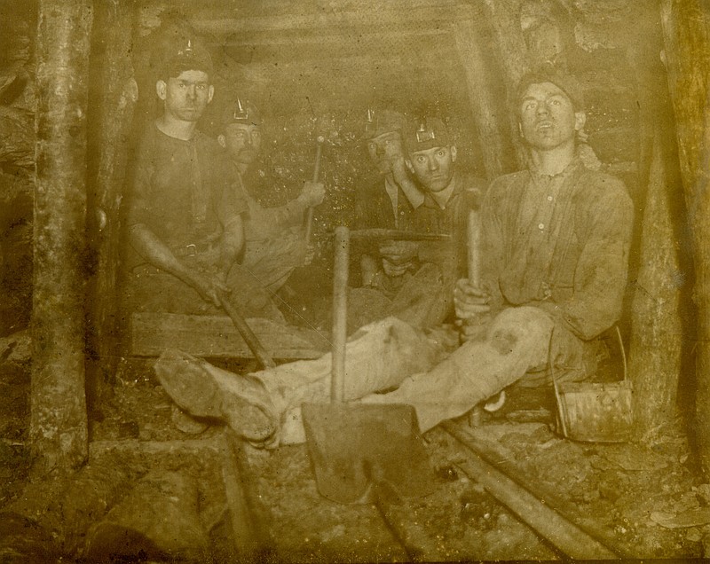 Photo courtesy the Kingdom of Callaway Historical Society
Our oldest photo of Callaway coal mining, 1890s, inside a shaft of the John Harris mine. His son Walter is on the left (no relation to Thomas). Bigbee from the 1873 article was renamed to Guthrie in 1874.