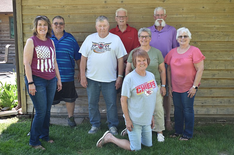 Democrat photo/Garrett Fuller — Eight of the 12 members of Prairie Home High School's Class of 1973 pose for a picture Saturday (May 6, 2023,) during a class reunion in Prairie Home. Seen, from left, are: Glenda (Kirschman) Larm, David Wittenberger, Steve Zey, Lanny Lucas, Jane Miller (front), Kathy (Odneal) Maxey, Jim Lachner and Patty (Langlotz) Kile. The reunion marked the first time the class has reunited outside alumni reunions held by the Prairie Home R-V district. All eight members in attendance still live in Missouri.