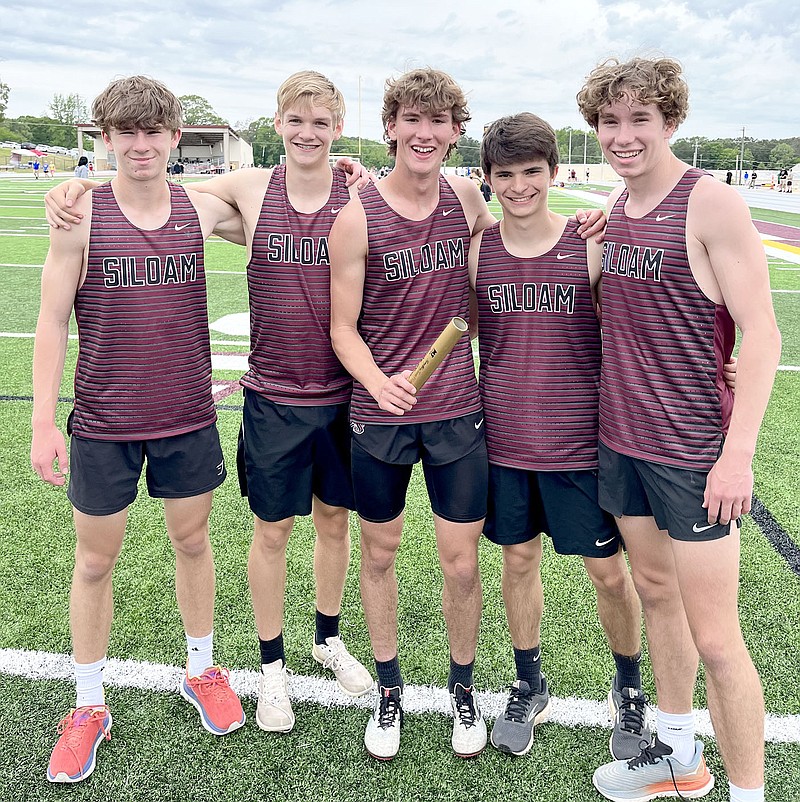 Submitted photo
The Siloam Springs 4x800-meter relay team (from left) Chance Cunningham, Nathan Hawbaker, Levi Fox, Marcus Molina (alternate) and Wilson Cunningham set a school record of 8 minutes, 17.20 seconds at the Class 5A state track meet at Lake Hamilton on Thursday, May 4.