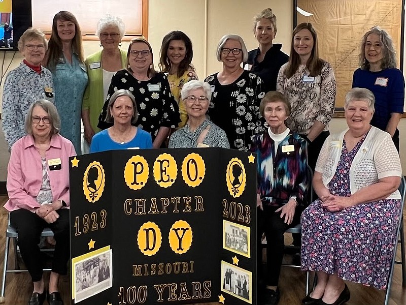 Submitted photo
Members of Chapter DY, P.E.O. celebrate their 100th anniversary. Back row, left to right: Arlys Kremer, Becky McCue, Nancy McCue, Peggy Reed-Lohmeyer, Lindsey Hux, Susan Krumm, Heather Vodnansky, Kelly Nickelson and Shirley Kunkle. Front row, left to right: Mary Kate Saltzmann, Tina Hines, Patricia Wallace, Deanna Hudson and Jan Hankinson.