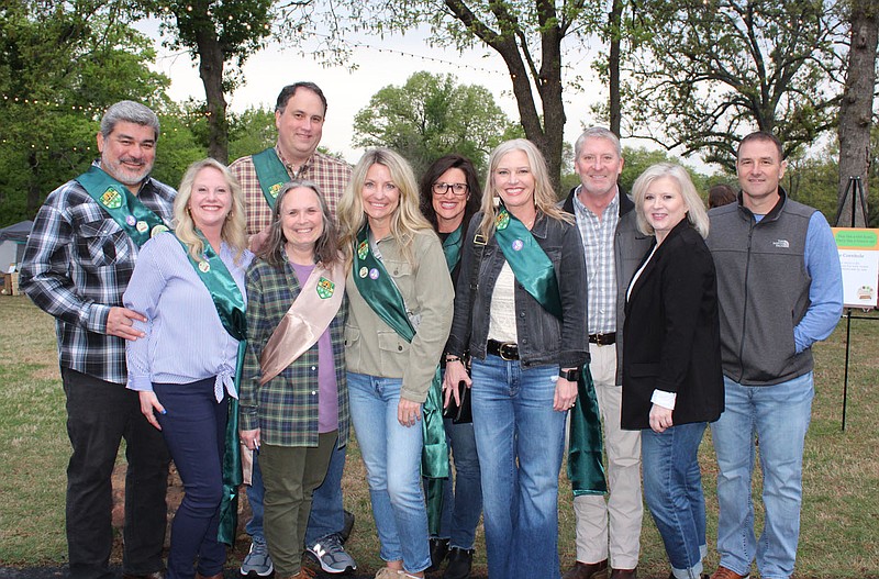 Matt Gutierrez and Brooke Baker (from left) Brian and Cristy Sowell, Tara Burgess, Kim Beeson, Leigh Ann McKee, Michael Cullen, Laura Lindsey and Craig McKee help support Girl Scouts — Diamonds of Arkansas, Oklahoma and Texas council at Camp 479 on April 28 at The Barn at the Springs in Springdale.
(NWA Democrat-Gazette/Carin Schoppmeyer)
