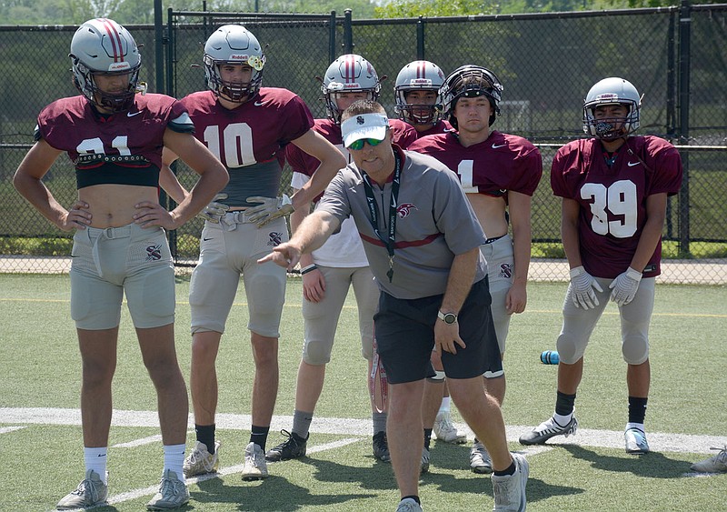 Graham Thomas/Herald-Leader
Siloam Springs assistant coach Michael Smith goes over instructions with wide receivers during spring football practice Monday at Panther Stadium.