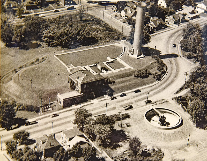 Photograph courtesy of Missouri American Water Company
An aerial view of Capital City Water Company from about 1960 shows the standpipe water tower in the upper right corner before it was capped in the 1980's.