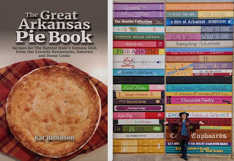 The front cover of "The Great Arkansas Pie Book" by Kat Robinson (left); Robinson at Little Rock's Main Street Pocket Park (Courtesy of Kat Robinson)