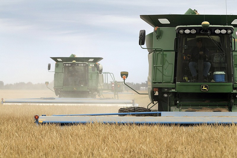 In this file photo taken Sept. 22, 2011, combines harvest rice in a field near Alicia, Ark