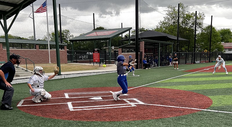 A batter swings through a pitch during a college softball game between National Park College and Carl Albert State College at Majestic Park. Majestic Park will host the NJCAA District Championship May 11-12. - Photo by Bryan Rice of The Sentinel-Record