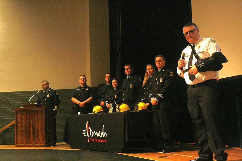 Several El Dorado firefighters were promoted during the department's annual pinning ceremony last week. While the EFD is fully staffed, the El Dorado Police Department still has four openings following last month's civil service exams. (News-Times file)