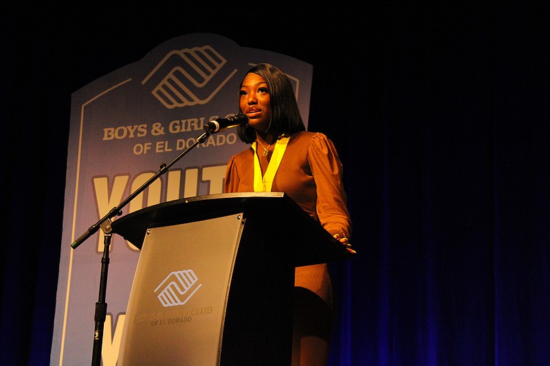 Youth of the Year Summer Smith speaks during a Boys and Girls Club banquet fundraiser held in her honor on Tuesday evening. Summer, who has been a BGCE member since she was 6 and who has worked there the last four years, will graduate from El Dorado High School this month and plans to study nursing at the University of Central Arkansas next fall. She attributed much of her success to her time at the BGCE. (Caitlan Butler/News-Times)