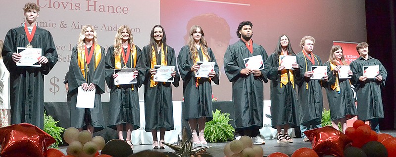 Annette Beard/Pea Ridge TIMES
Graduating seniors received numerous scholarships to aid them in their future endeavors. Ten students received scholarships from the Ayden Cotton 24 Forever Memorial ($4,500) and the Live Like Ayden ($1,000) scholarships presented by Jimmie and Aimee Anderson.