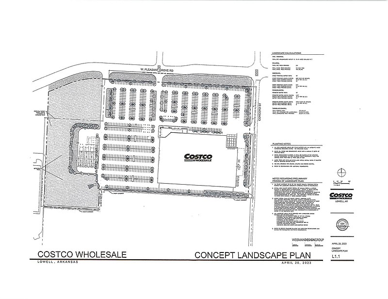 A concept landscape plan for a Costco Wholesale store, planned for the southwest corner of West Pleasant Grove Road and Concord Street in Lowell, is seen here in a document submitted to the city of Lowell.