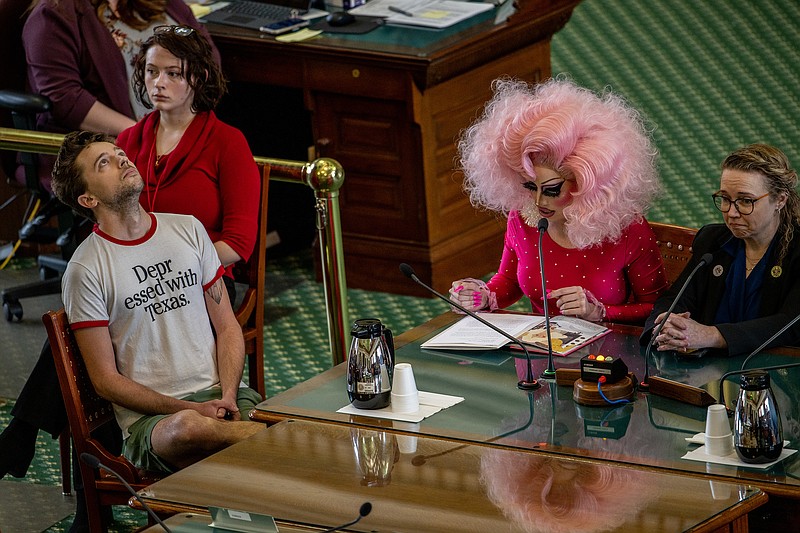 Drag queen Brigitte Bandit gives testimony in the Senate Chamber at the Texas State Capitol on March 23, 2023, in Austin, Texas. People across the state of Texas showed up to give testimony as proposed Senate bills SB12 and SB1601, which would regulate drag performances, were discussed before the Chamber. (Brandon Bell/Getty Images/TNS)