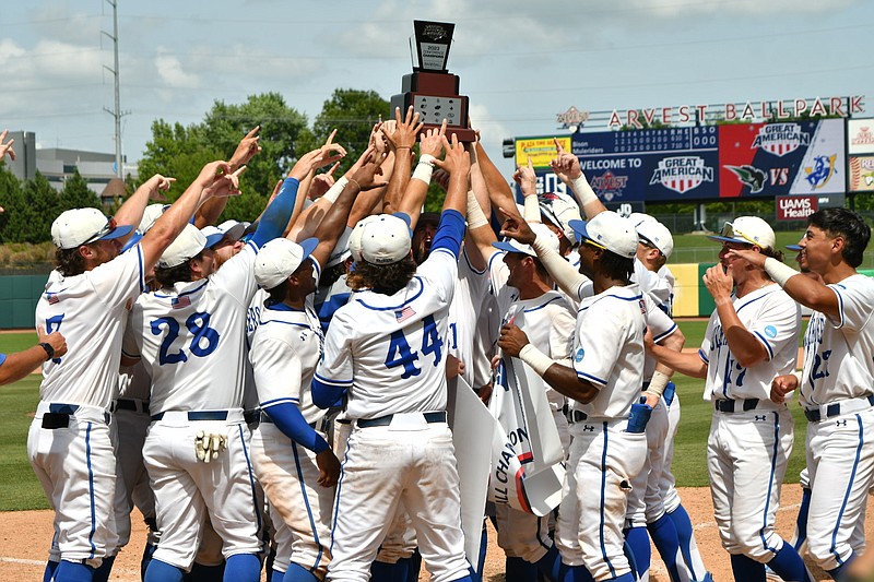 SAU celebrates after winning the GAC baseball championship on Saturday, May 13, 2023 in Springdale, Arkansas. (Photo by Kevin Sutton/TXKSports.com)