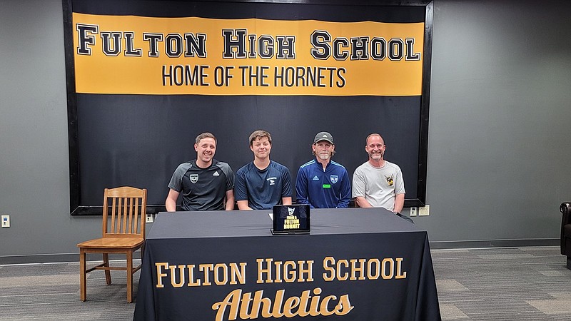 Fulton's Dalton Jones poses for a photo, as he officially signed to play soccer for Westminster College Friday at Fulton High School. (Courtesy/Fulton Activities)