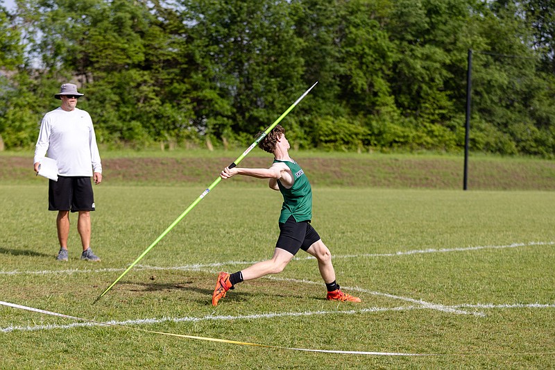 North Callaway's Isiah Craighead hurls the javelin in the Class 3 District 4 meet Saturday at North Point High School in Wentzville. (Courtesy/Alan Combs Photography)