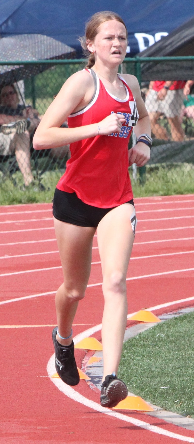 Sophomore Kenzleigh Goans finished thrid place in the girls 800 meter, 1,600, and 3,200 meter relays Saturday. Goans will race in all three events at the Class 3 Sectional 2 Meet on May 20 in Mexico. (Democrat photo/Evan Holmes)