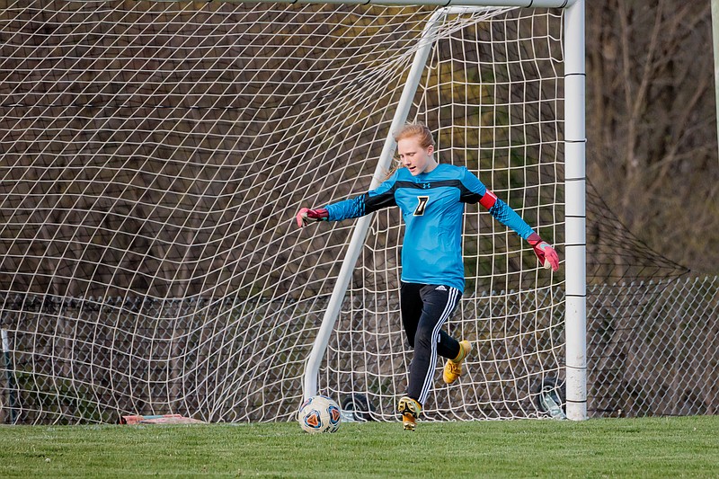 Fulton's Grace Ousley gets ready to kick the ball in a match against Elsberry on April 18 at Fulton's soccer field in Fulton. (Courtesy/Shawley Photography)