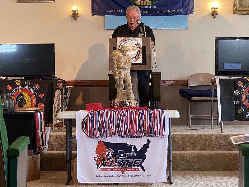 Anakin Bush/Fulton Sun photo: 
Stan Adams reads a speech at the U.S. Exercise Tiger Foundation ceremony on Saturday, May 13, 2023. Adams is the author of "Mokane to Mole City," a Manchu Vietnam memoir that reflects on his service from Nov. 1968-Nov. 1969.