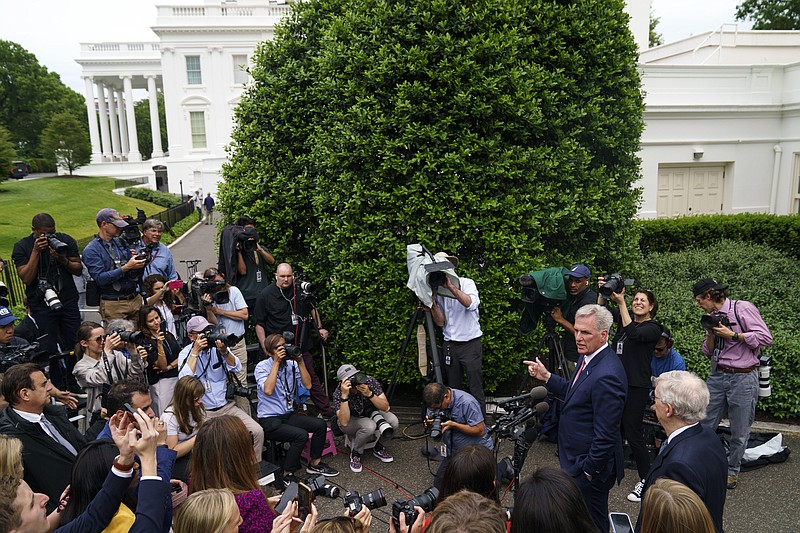 House Speaker Kevin McCarthy of Calif., and Senate Minority Leader Mitch McConnell of Ky., talk to reporters after meeting with President Joe Biden, Vice President Kamala Harris, House Minority Leader Hakeem Jeffries of N.Y., and Senate Majority Leader Chuck Schumer of N.Y., in the Oval Office of the White House, Tuesday, May 16, 2023, in Washington, about the debt ceiling. (AP Photo/Evan Vucci)