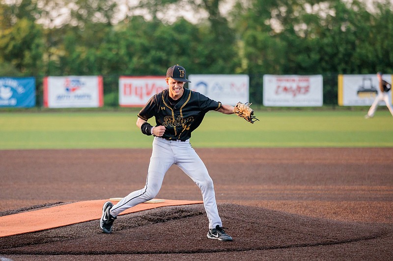 Fulton's Dusty Hagens celebrates on the mound in the Class 4 District 8 championship game against Fatima Tuesday at Southern Boone High School in Ashland. Hagens earned the win in two of the Hornets' three district upset victories this season. (Courtesy/Shawley Photography)