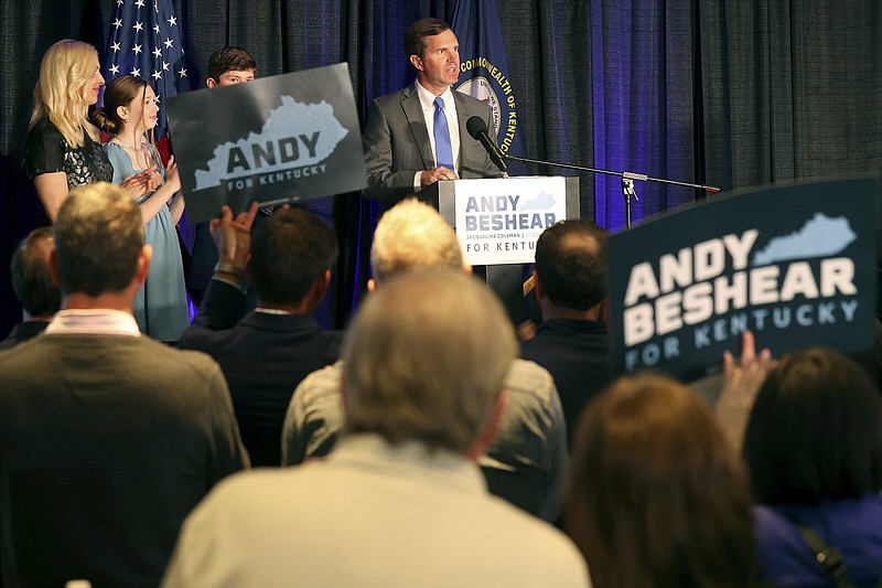 Kentucky Gov. Andy Beshear speaks to supporters after winning the Democrat primary election at the Kentucky Historical Society in Frankfort, Ky., Tuesday, May 16, 2023. (AP Photo/James Crisp)