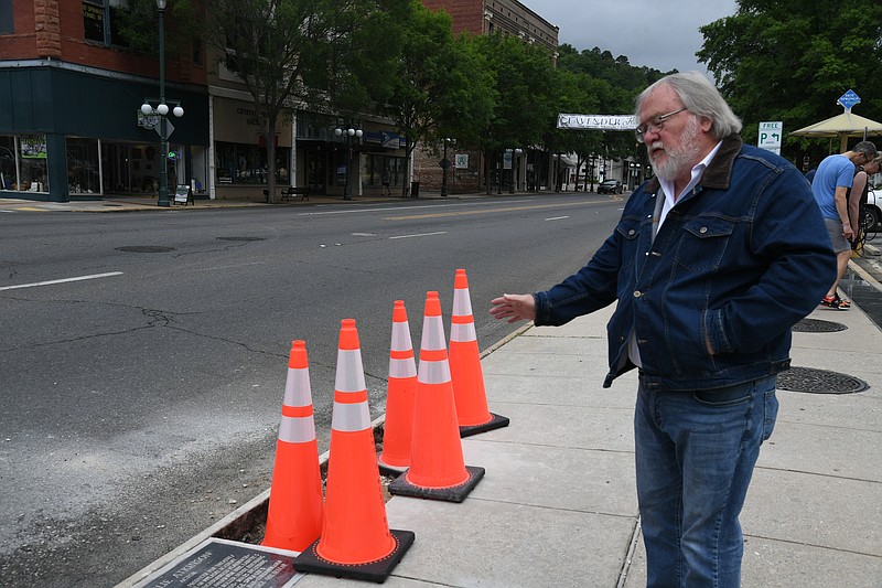Tom Wilkins, founder of the Arkansas Walk of Fame, points out the space for the new inductees. - Photo by Lance Brownfield of The Sentinel-Record.