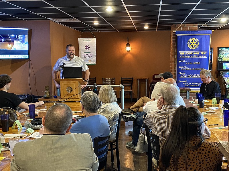 Anakin Bush/Fulton Sun
Todd Creal, interim vice president of intercollegiate athletics at Westminster College, speaks to Fulton Rotarians about collegiate sports. He said a new athletic director, Derek Zander, will start at the college next month.