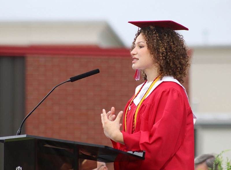 Naomi Polanski, salutatorian for the Farmington Class of 2023, addresses her classmates during the commencement ceremony held May 9, 2023, at Cardinal Stadium. She urged to students to "grow on."