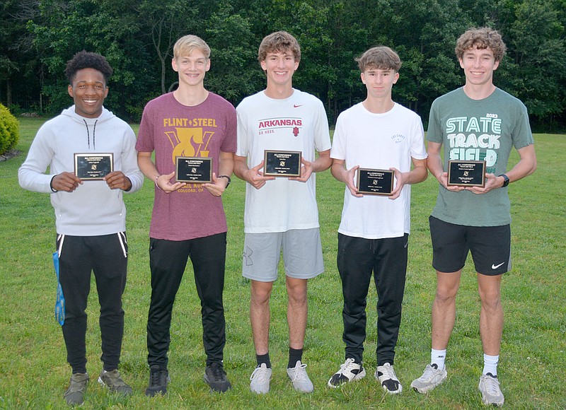 Graham Thomas/Herald-Leader
The following Siloam Springs boys track athletes earned 5A-West All-Conference honors for the 2023 season: (from left) Silas Tugwell (triple jump), Nathan Hawbaker (4x800-meter relay), Levi Fox (4x800-meter relay), Chance Cunningham (4x800-meter relay) and Wilson Cunningham (4x800-meter relay).