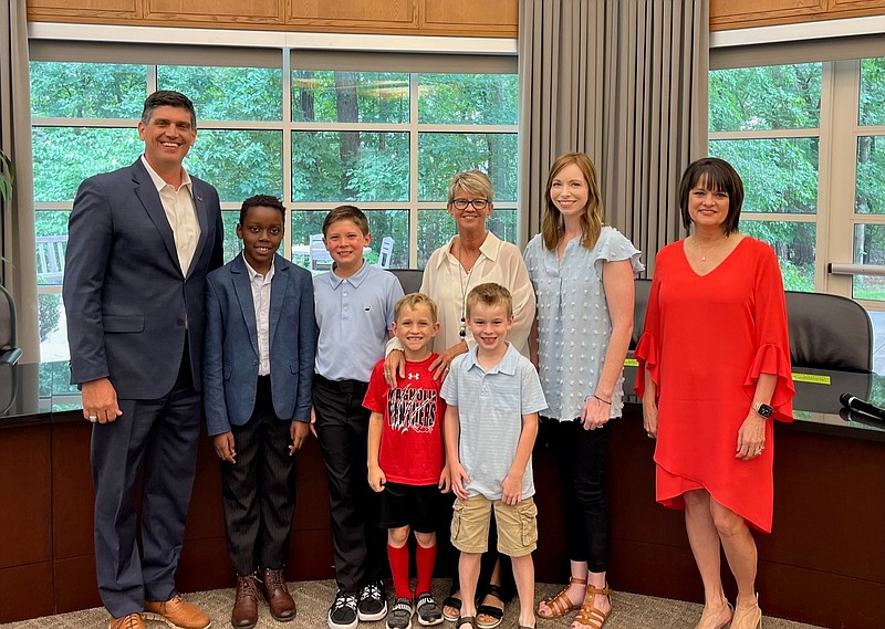 Pictured from left to right:
Front Row:  Weston Roberson and Bash Talley, East Side Elementary
Back Row: John Ward, superintendent; Matt Groguhe; Ryder Herron; and Kathy Loper, Central Elementary; Jessica Talley, East Side Elementary; and Penny Talley, district curriculum coordinator. (Photo Contributed)