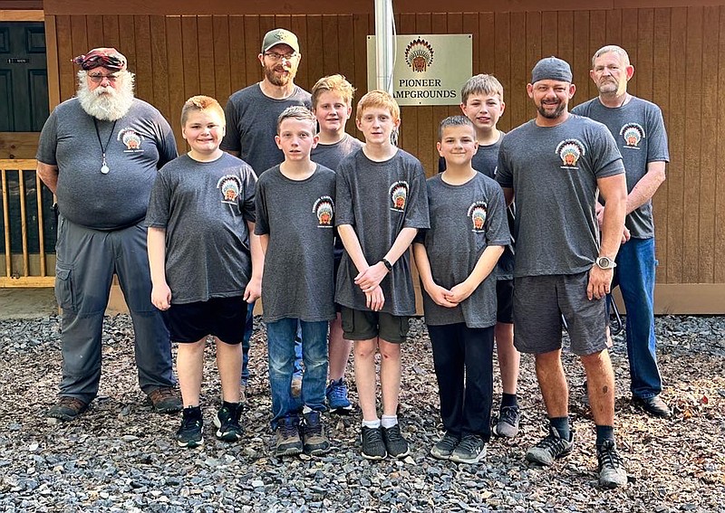 Members of Boy Scouts Troop 3 of Texarkana, Texas, take a group photo after a service project in early May 2023 at Pioneer Campgrounds in Hatfield, Ark. Pictured in no particular order are Scouts Phoenix Reed, Chance Smith, Bryce Caver, Carson Kelems, Corbin Simon and Liam Peters. The boys were accompanied by Steve Fleming, Gerard Peters, Alex Simon and Tom Kelems. (Photo courtesy Boy Scouts Troop 3)