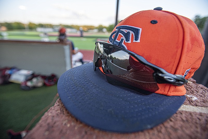 A Fort Smith Sportsman hat rests in the dugout on Thursday, July 7, 2022, during the seventh inning of Fort Smiths 8-6 win over Three Rivers in the first game of an American Legion baseball doubleheader at Hunts Park in Fort Smith. Visit nwaonline.com/220708Daily/ for today's photo gallery.
(NWA Democrat-Gazette/Hank Layton)