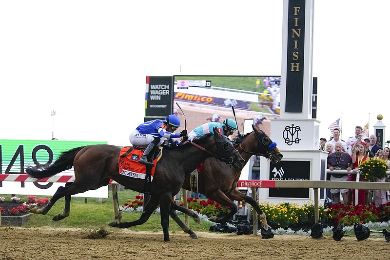 National Treasure, right, with jockey John Velazquez, edges out Blazing Sevens, with jockey Irad Ortiz Jr., to win the 148th running of the Preakness Stakes at Pimlico Race Course Saturday in Baltimore. - Photo by Julio Cortez of The Associated Press
