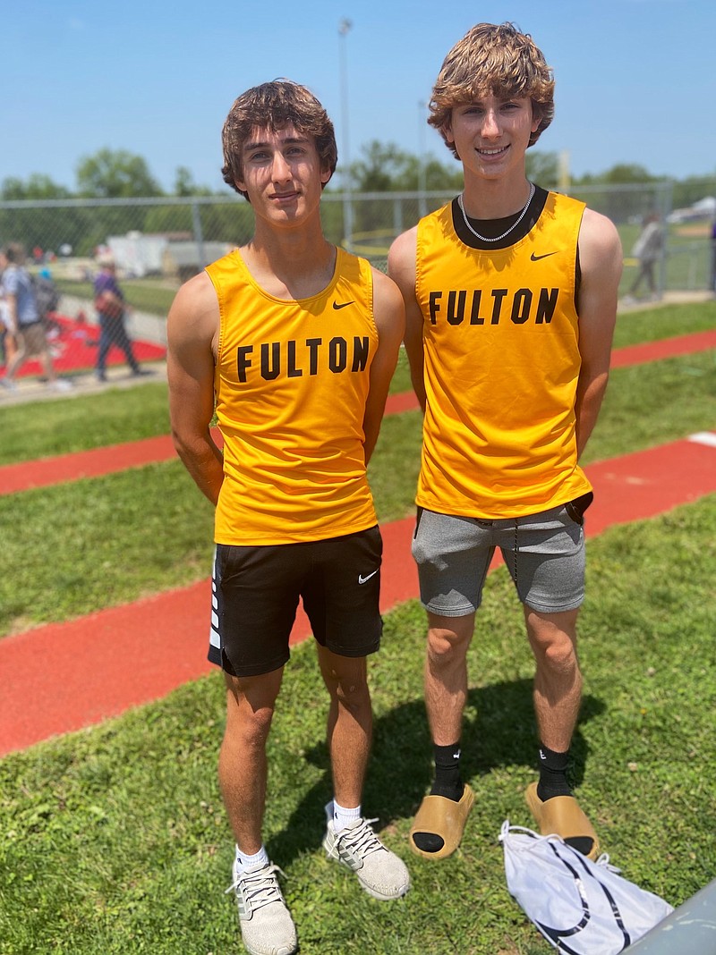 Fulton's Gabe DeFily (left) and Ethan Milius (right) pose for a photo after qualifying for state in the triple jump in the Class 4 Sectional 2 meet Saturday at Mexico High School. (Courtesy/FHS Hornet Track & Field)