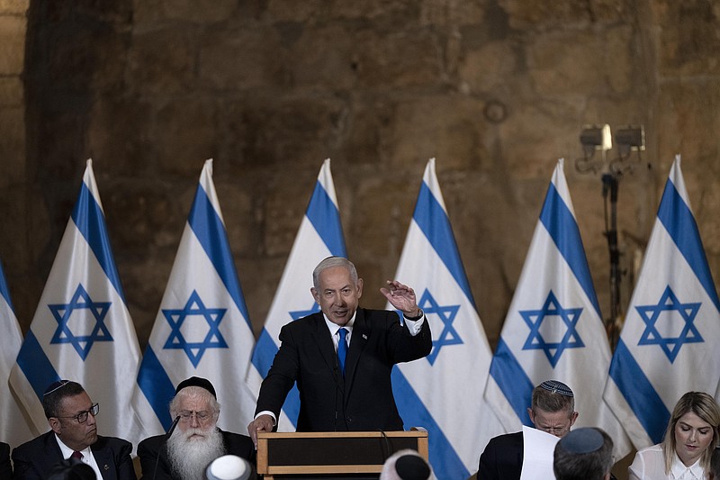 Israel's Prime Minister Benjamin Netanyahu speaks at the weekly cabinet meeting, in the Western Wall tunnels in the Old City of Jerusalem, Sunday, May 21, 2023. (AP Photo/ Maya Alleruzzo, Pool)